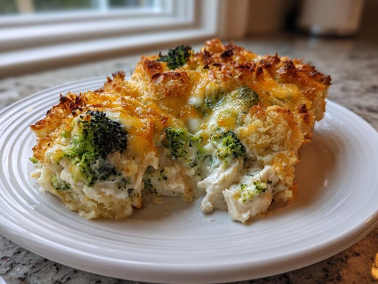 A generous serving of creamy Chicken Divan casserole featuring chunks of chicken, bright green broccoli, and a golden, crispy cheese topping.