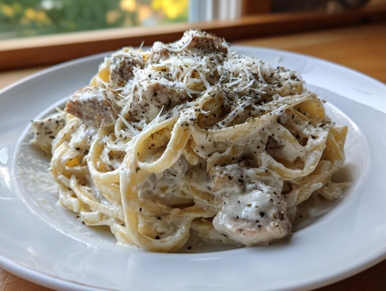 A close-up of creamy chicken fettuccine alfredo pasta topped with grated parmesan and herbs.