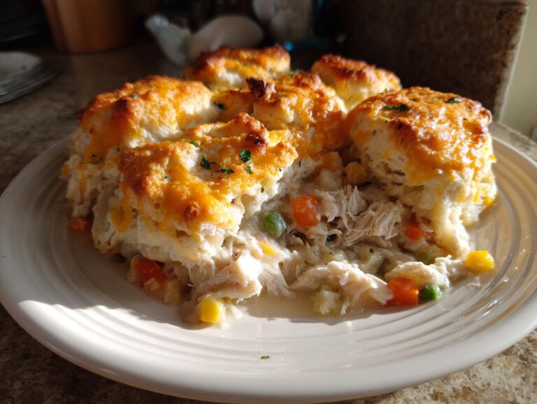 A serving of creamy chicken pot pie casserole topped with golden, cheesy biscuits, garnished with parsley.