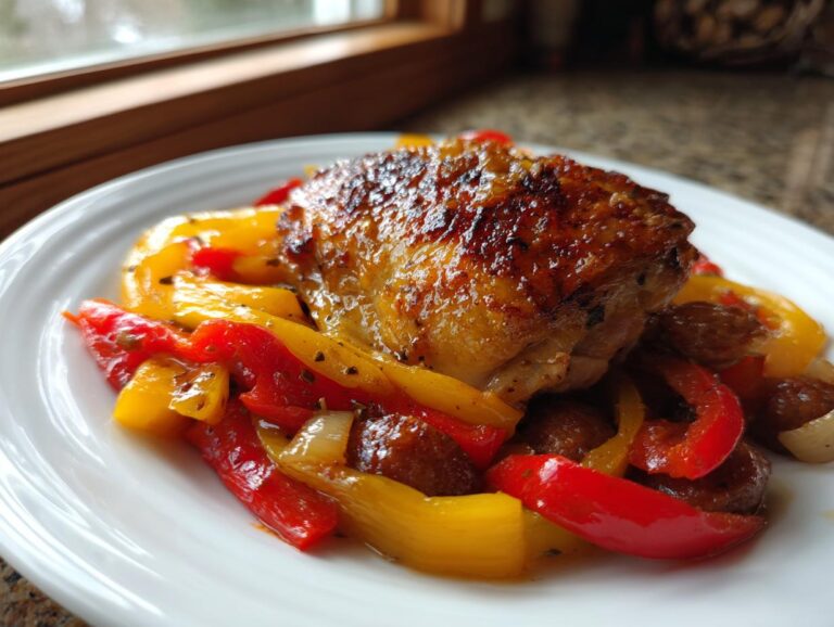 A piece of golden-brown chicken scarpariello served over sautéed red and yellow bell peppers.