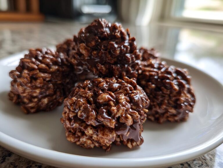 A small stack of rich, dark chocolate rice krispie balls glistening with melted chocolate topping.