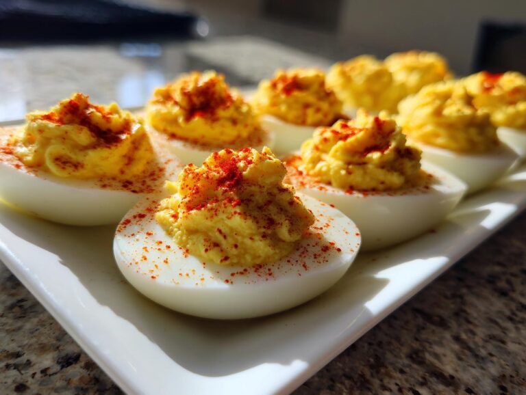 A row of perfectly piped classic deviled eggs dusted generously with bright red paprika, served on a white platter.
