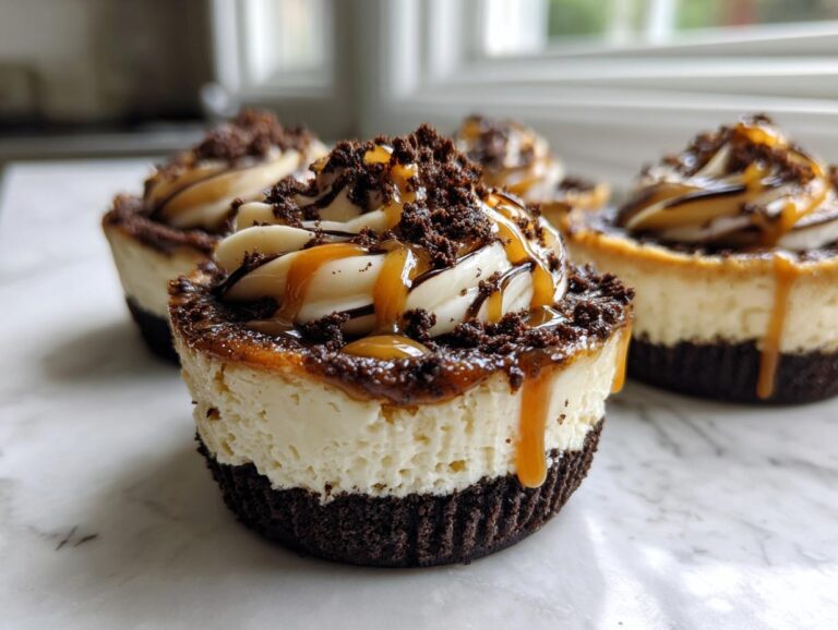 Close-up of rich cookie butter cheesecake cups topped with whipped cream, cookie crumbs, and caramel drizzle.
