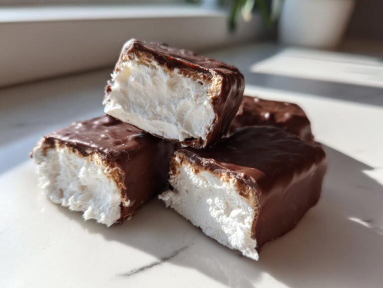 Three pieces of homemade cool whip candy, showing the fluffy white center coated in dark chocolate.