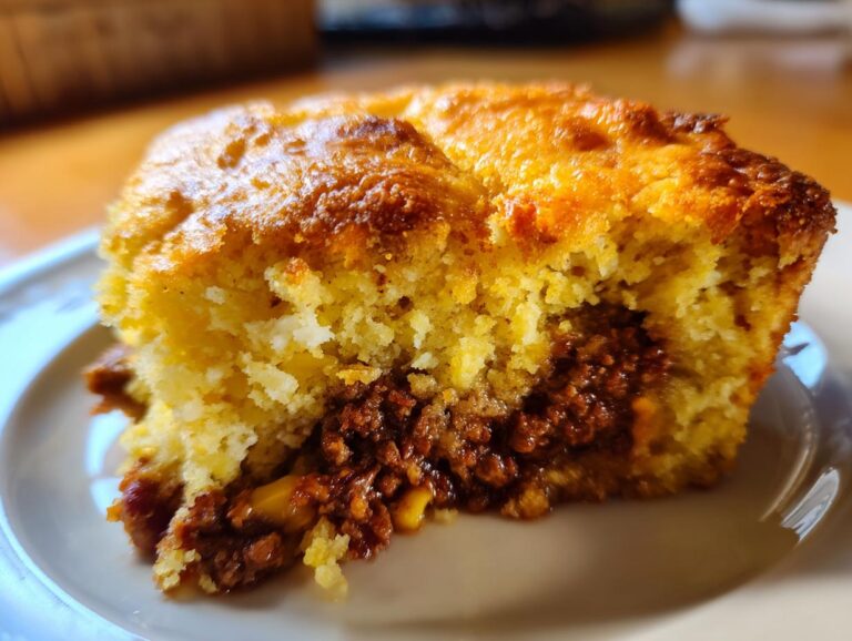 Close-up of a moist slice of cowboy cornbread casserole showing the golden top and savory ground meat filling.