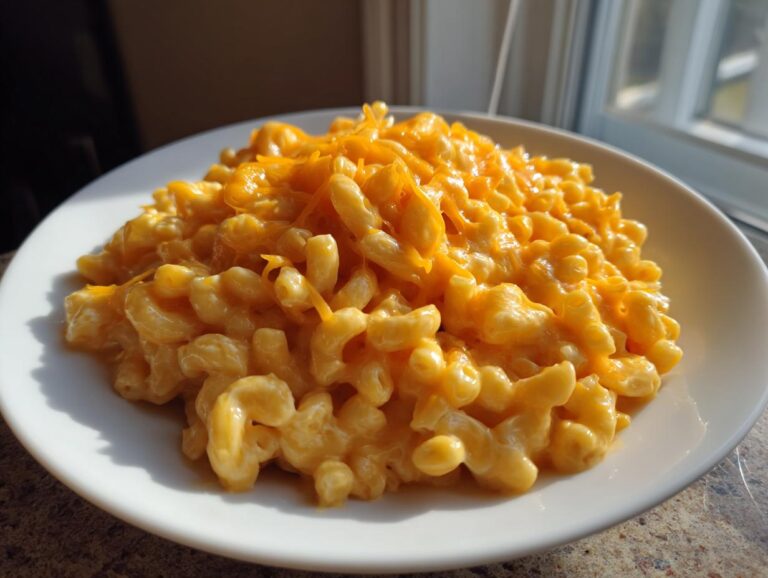 A generous serving of creamy cottage cheese mac and cheese topped with shredded cheddar cheese on a white plate.