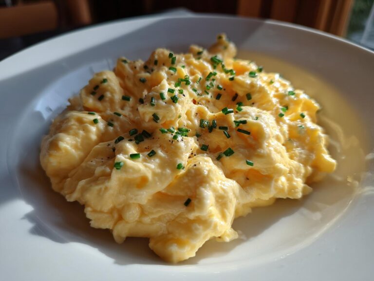 Close-up of creamy scrambled egg preparation, perfectly cooked and topped with fresh chives.
