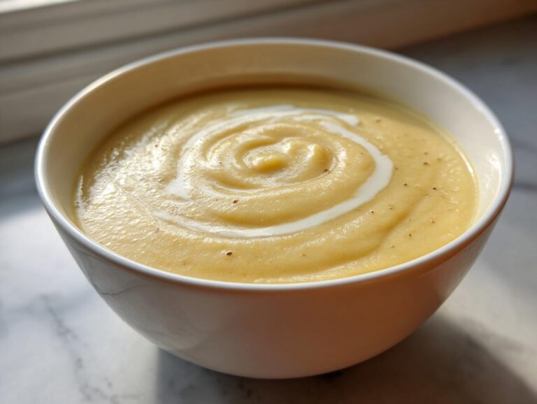 Close-up of a white bowl filled with creamy, yellow garlic soup, topped with a swirl of cream and pepper.