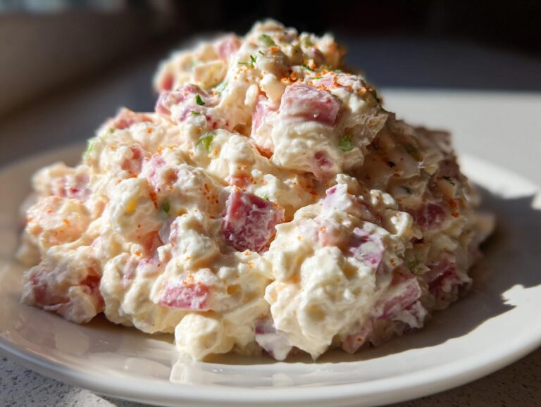 A mound of creamy ham salad recipe featuring diced pink ham, celery, and a mayonnaise dressing, sprinkled with paprika.