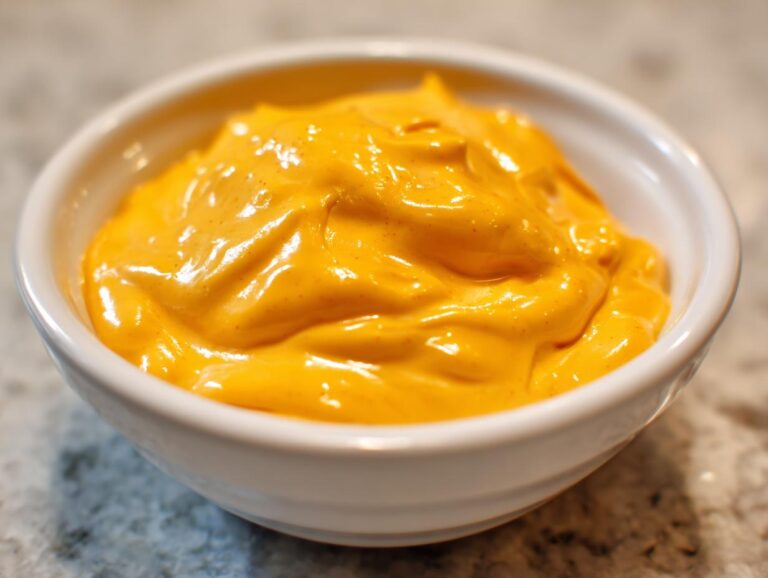 A close-up of thick, vibrant orange homemade nacho cheese sauce served in a small white bowl.
