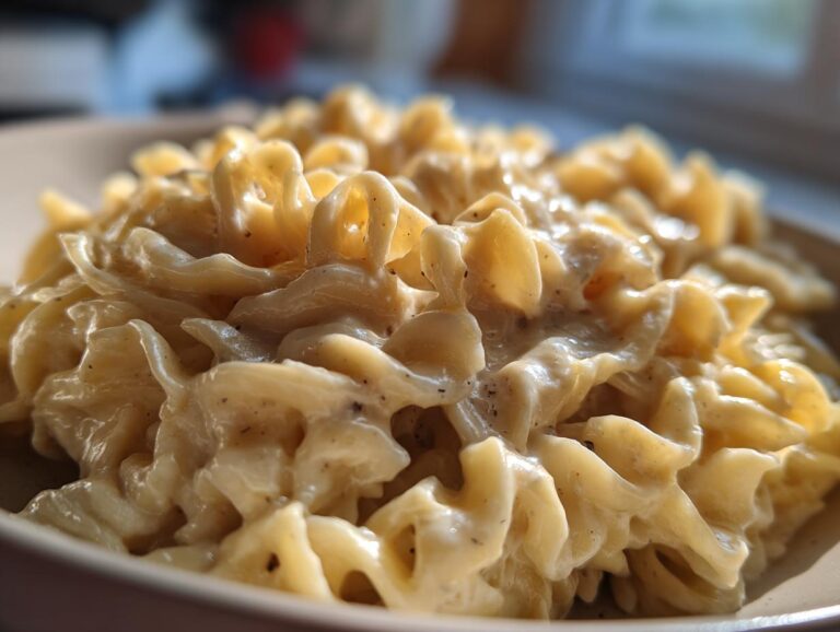 Close-up of creamy, cheesy protein pasta coated in a light sauce with visible black pepper specks.