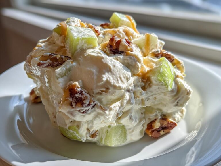 A scoop of creamy Snickers salad topped with chopped pecans and bright green apple pieces, served on a white plate.