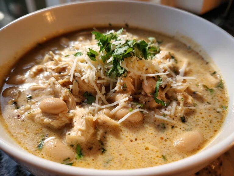 Close-up of a bowl of creamy white chicken chili topped with shredded cheese and fresh cilantro.
