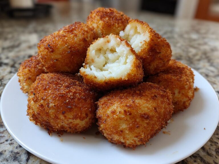A pile of golden brown, crispy fried potato dumplings, one is broken open revealing the soft interior.