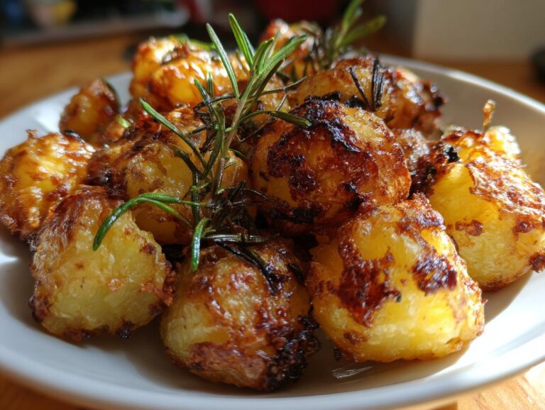 Close-up of golden brown, crispy roast potatoes seasoned with fresh rosemary sprigs.