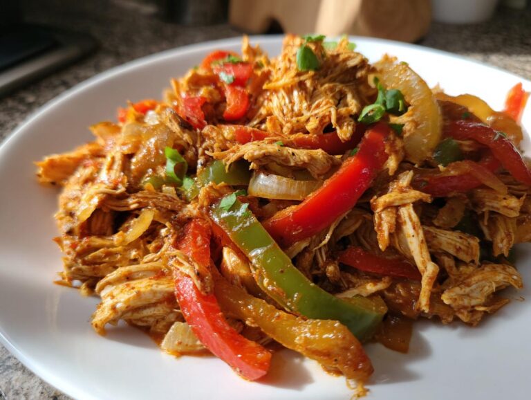 Close-up of shredded chicken mixed with colorful bell peppers and onions for crockpot chicken fajitas.