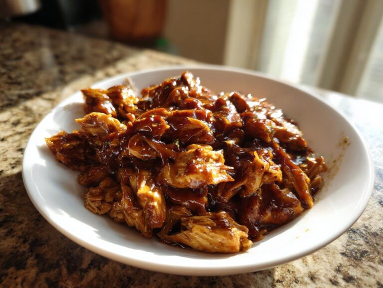 Close-up of tender, shredded crockpot teriyaki chicken coated in a thick, glossy brown sauce, served in a white bowl.