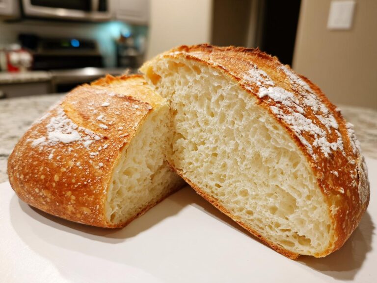 A loaf of crusty italian bread cut in half showing the open, airy crumb structure and golden crust.