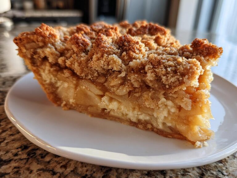 Close-up of a thick slice of dutch apple pie showing layers of spiced apples and a crunchy, golden brown crumble topping.