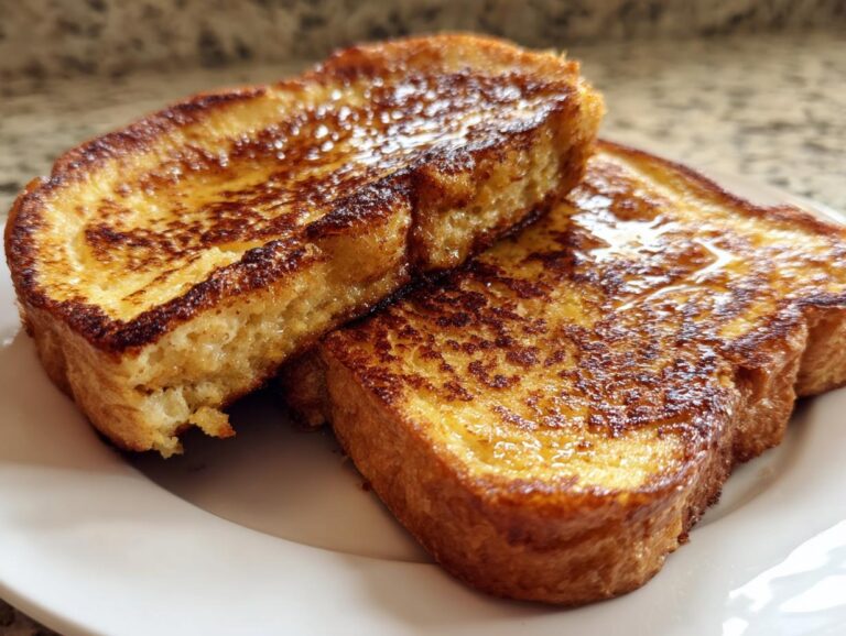 Close-up of two thick slices of golden brown, syrup-drizzled easy french toast on a white plate.