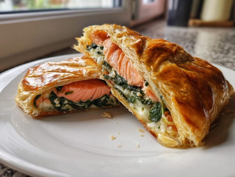 Two halves of a flaky Salmon Wellington showing pink salmon and spinach filling inside golden pastry.