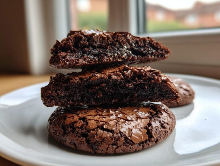 Stack of three rich, dark chocolate brownie cookies, with the top two cut in half showing the fudgy interior.