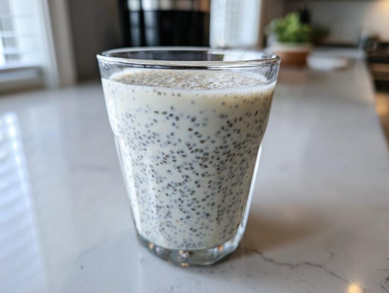 A clear glass filled with creamy, unflavored chia pudding, showing the suspended black chia seeds.