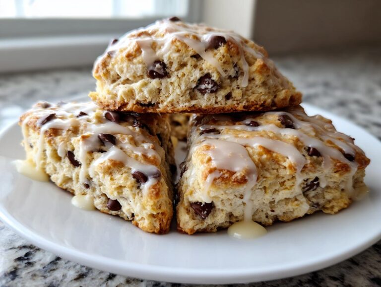A stack of three freshly baked chocolate chip scones drizzled with a thick vanilla glaze.