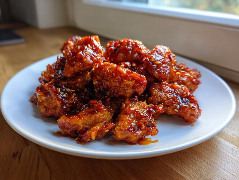 Close-up of crispy, glazed gochujang chicken pieces sprinkled with sesame seeds on a white plate.