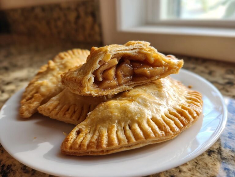 Close-up of golden brown apple hand pies stacked on a white plate, one is broken open showing spiced apple filling.