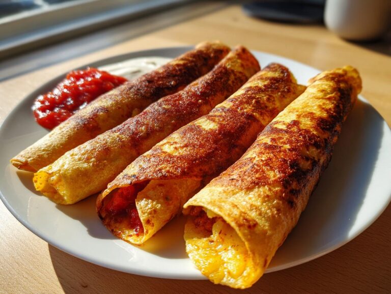 Four golden-brown, rolled potato tacos served on a white plate with salsa and sour cream.