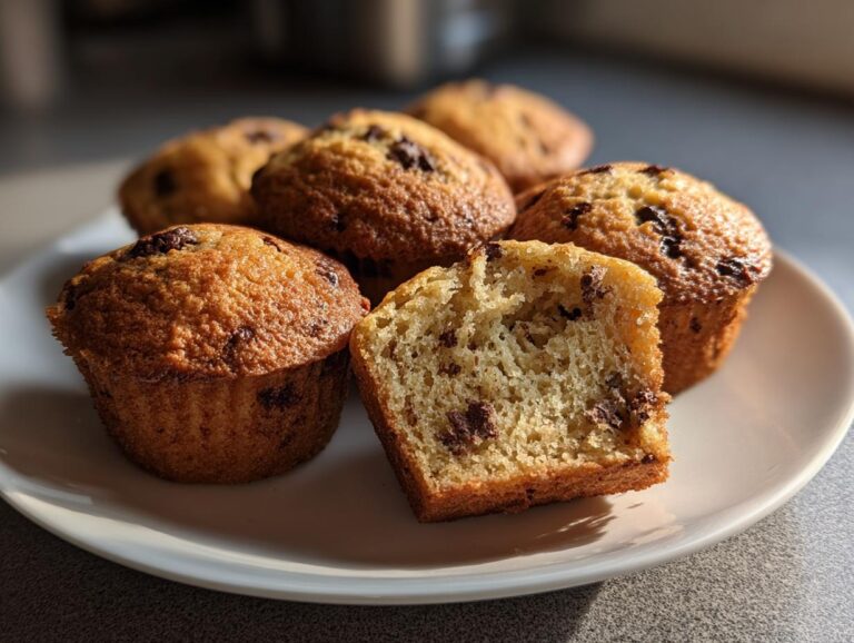 A plate of golden brown mini banana muffins, one cut in half showing the moist interior and chocolate chips.
