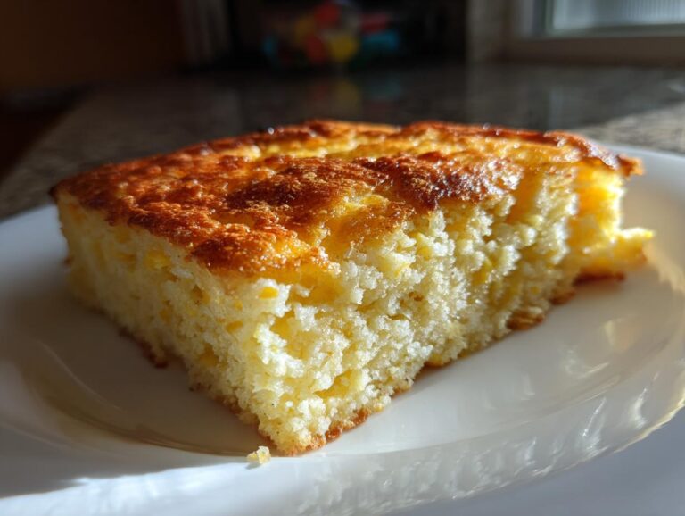 A close-up, side view of a golden-brown slice of moist corn pudding served on a white plate.