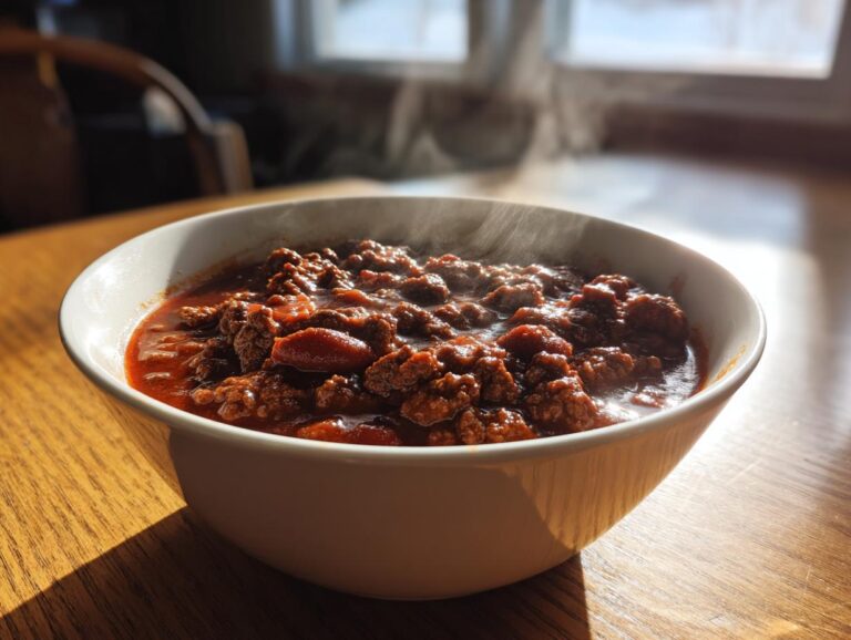 A steaming white bowl filled with a hearty chili recipe featuring ground meat and beans on a sunlit wooden table.