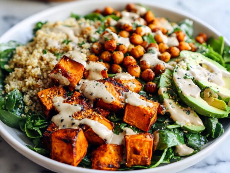 Close-up of a vibrant buddha bowl featuring roasted sweet potatoes, chickpeas, quinoa, avocado, and a creamy dressing.