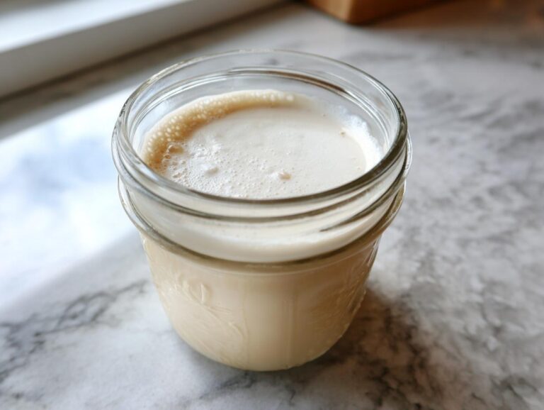 A glass mason jar filled with creamy homemade coffee creamer, showing a slight foam on top.
