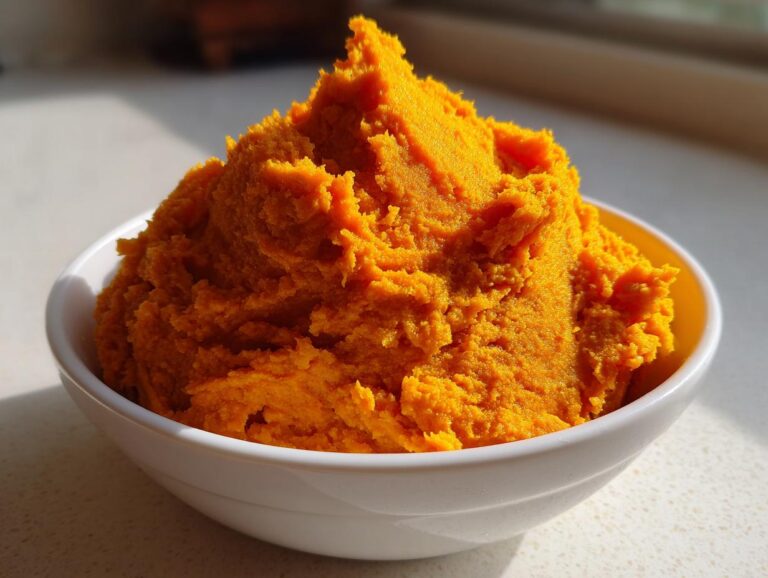 A vibrant mound of bright orange pumpkin puree piled high in a small white bowl.