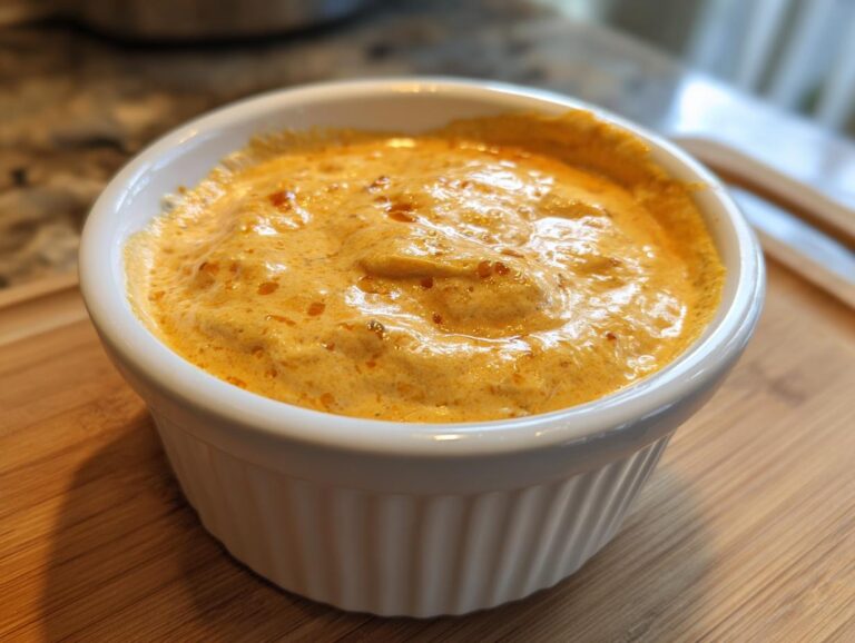 Close-up of a small white ramekin filled with hot, bubbly, orange-colored beer cheese dip.