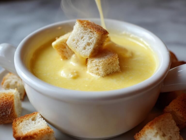 Close-up of a white bowl filled with hot, creamy cheese fondue recipe, with toasted bread cubes being dipped.