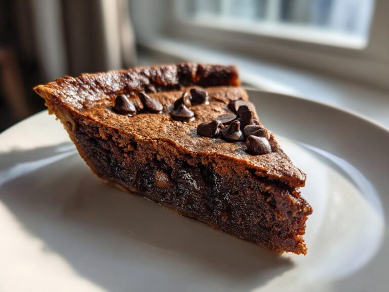 A close-up of a rich, gooey slice of hot fudge pie topped with chocolate chips, sitting on a white plate.