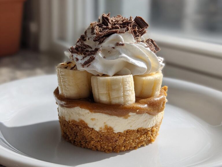 Close-up of a single serving no-bake banoffee pie with banana slices, caramel, whipped cream, and chocolate shavings.