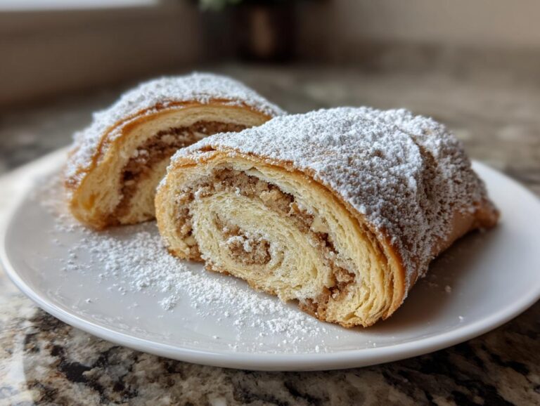 Two cross-sections of delicious italian nut roll cookies dusted heavily with powdered sugar on a white plate.