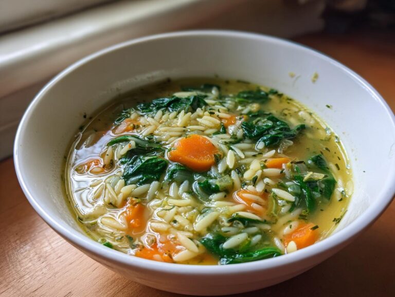 Close-up of a white bowl filled with hot italian orzo spinach soup, featuring bright green spinach and orange carrot slices.
