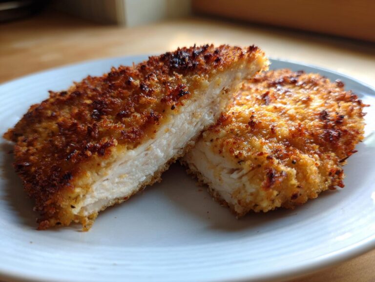 Cross-section of a perfectly cooked air fryer chicken breast showing juicy white meat and crispy golden-brown breading.