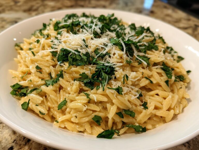 A close-up of creamy lemon garlic orzo pasta topped with fresh parsley and grated Parmesan cheese.