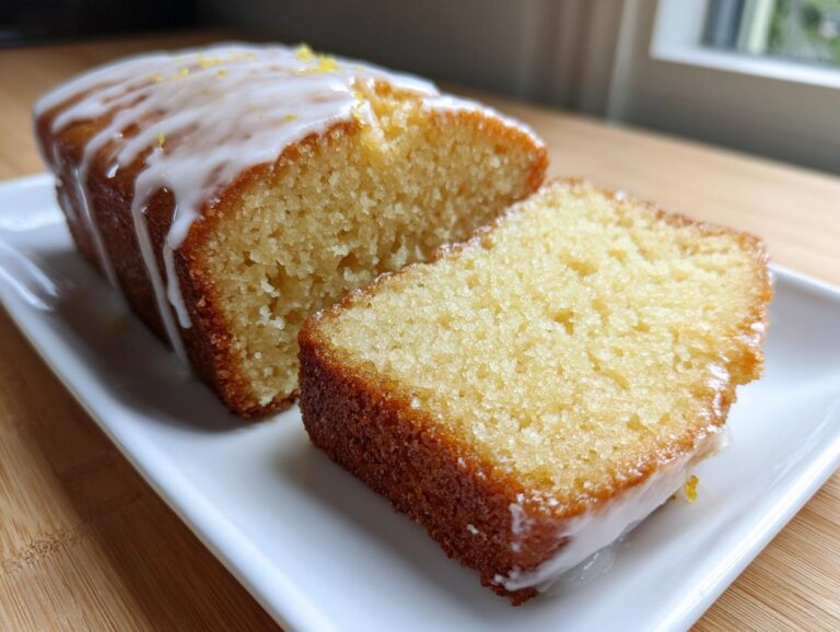 Close-up of a moist olive oil cake loaf, sliced to show the crumb, topped with white lemon glaze.