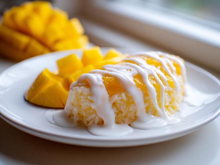 Close-up of perfect mango sticky rice drizzled with sweet coconut cream, served with fresh mango slices.