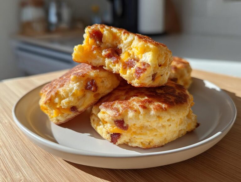 A stack of golden-brown McGriddle bites filled with melted cheese and bacon bits, served on a white plate.