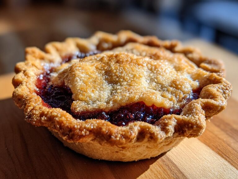 Close-up of a golden-brown mini pie with bubbling berry filling, showcasing the flaky texture of the pie crust recipe.