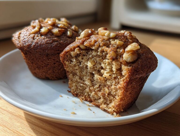 A close-up of moist banana nut muffins, one cut in half showing the crumb texture, topped with walnuts.